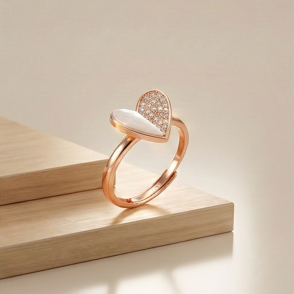 925 Sterling Silver White Enamel Heart Ring Jewellery for Women with Rose Gold Finish