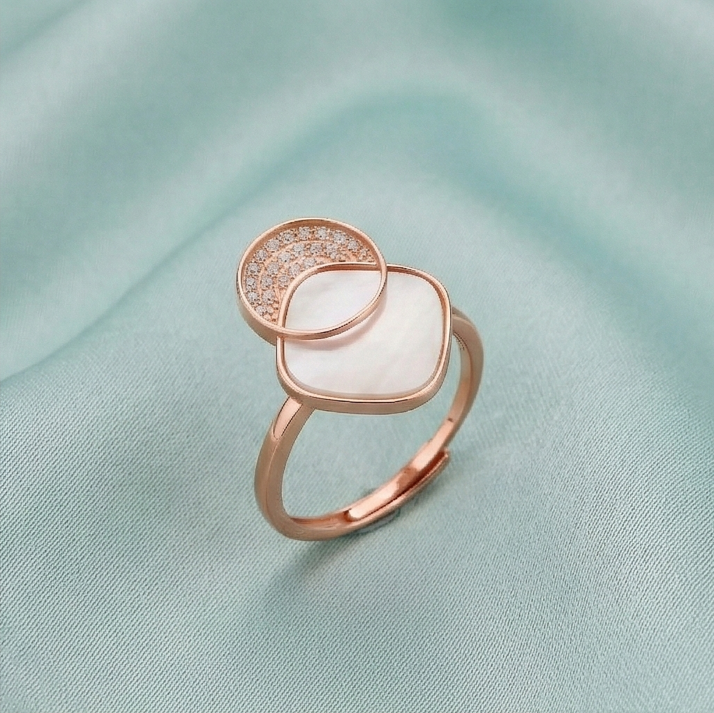 925 Sterling Silver Geometric Mother of Pearl Ring Jewellery for Women - Rose Gold Plated
