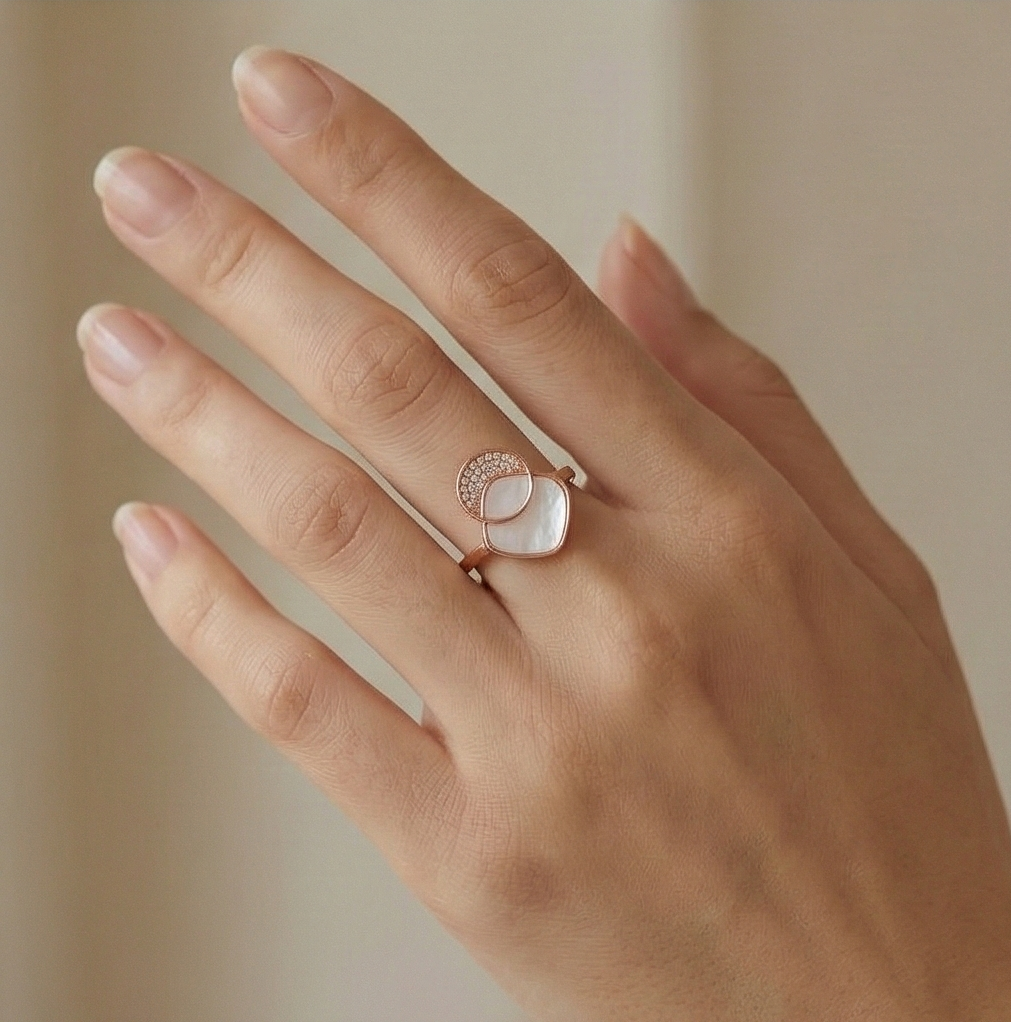 925 Sterling Silver Geometric Mother of Pearl Ring Jewellery for Women - Rose Gold Plated