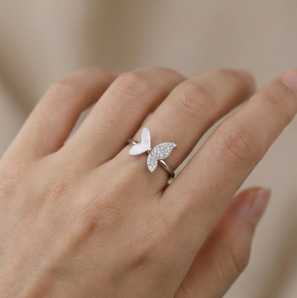 925 Sterling Silver Asymmetrical Butterfly Ring Jewellery for Women & Girls - High Polish Rhodium Finish