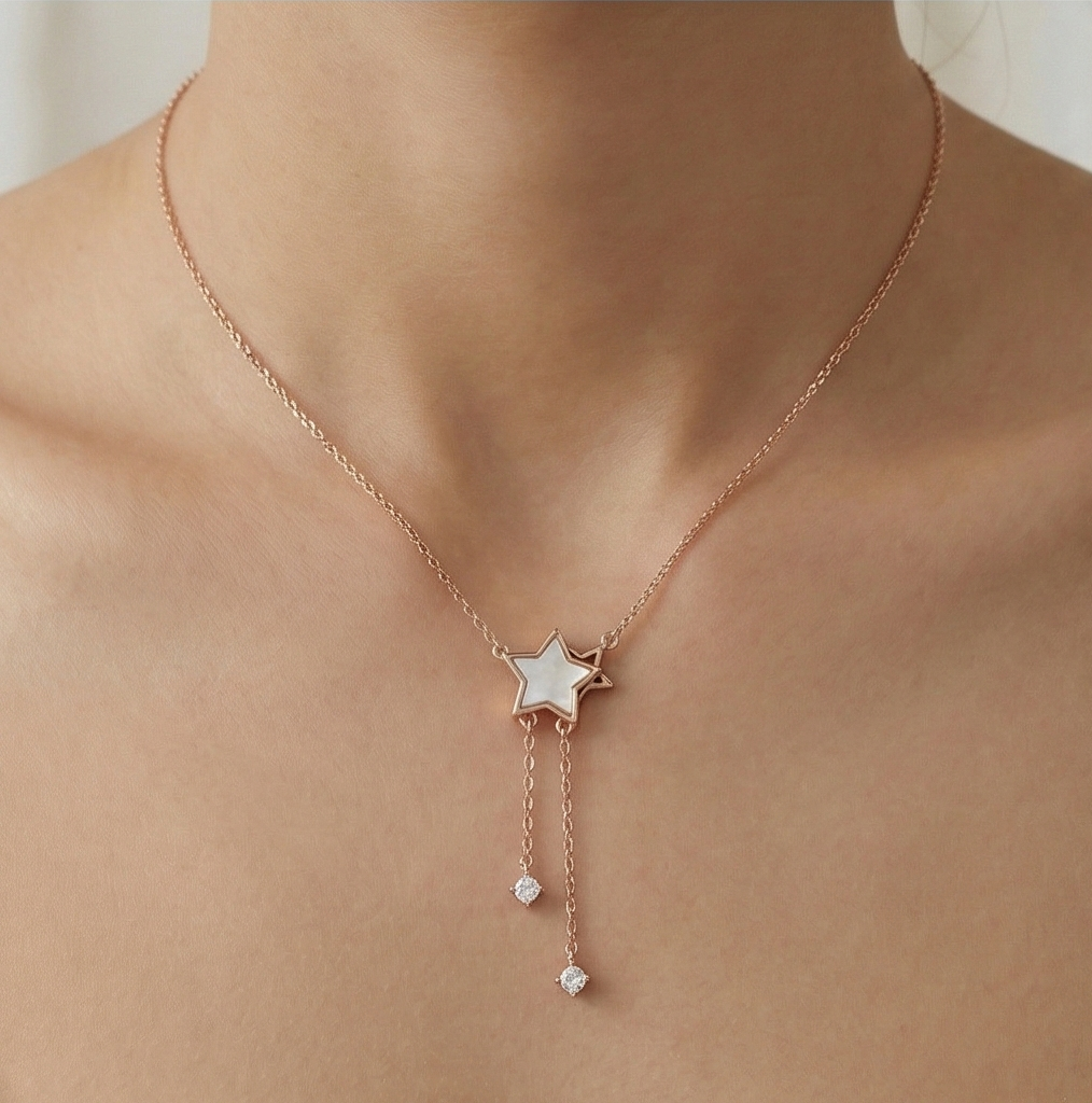 925 Sterling Silver Rose Gold Plated Star Drop Lariat Necklace Jewellery for Women