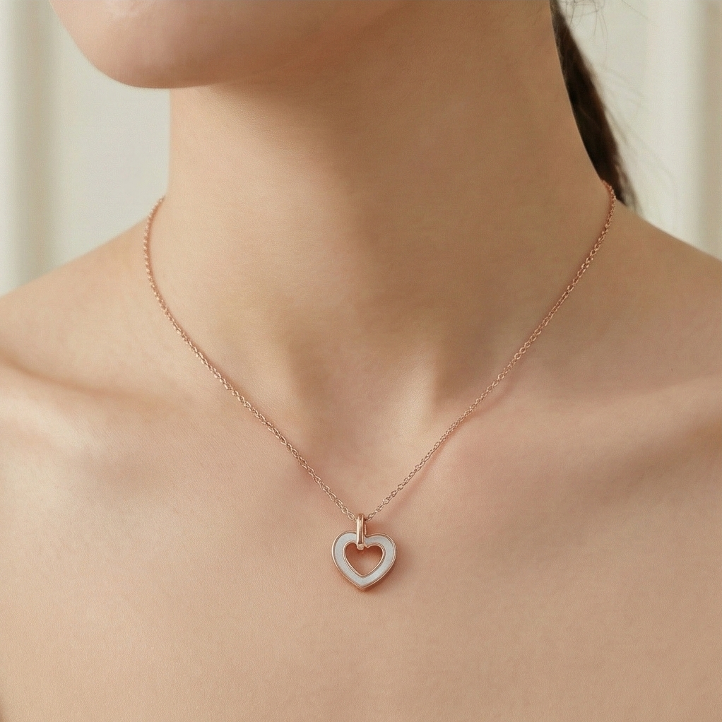 925 Sterling Silver Rose Gold Plated MOP Heart Pendant Necklace for Women, White Inlay Romantic Jewellery