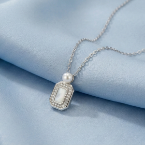 925 Sterling Silver Geometric Rectangular Pendant with Pearl Accent & MOP Inlay Jewellery for Women