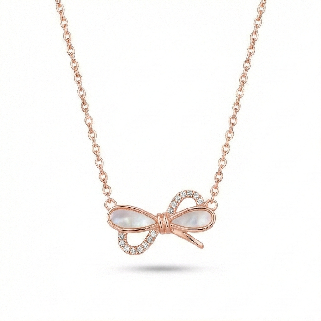 925 Sterling Silver Rose Gold Plated Bow with MOP Inlay Pendant Necklace Jewellery