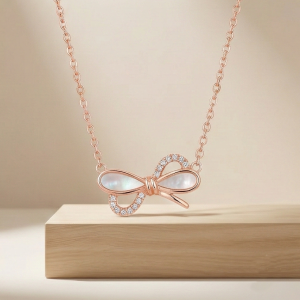925 Sterling Silver Rose Gold Plated Bow with MOP Inlay Pendant Necklace Jewellery