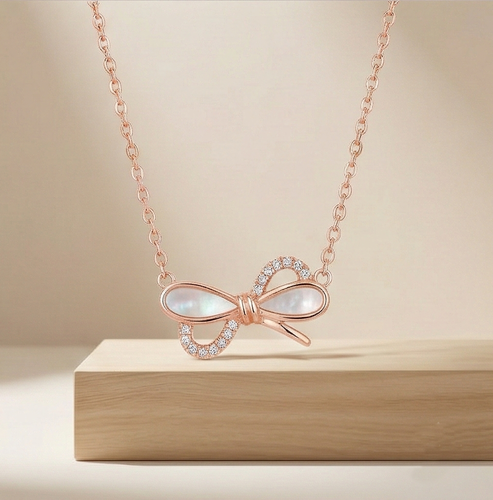 925 Sterling Silver Rose Gold Plated Bow with MOP Inlay Pendant Necklace Jewellery