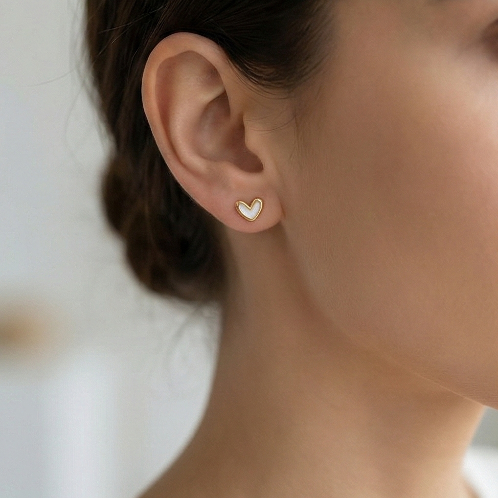 925 Sterling Silver White Heart Stud Earrings Gold Plated Jewellery for Women
