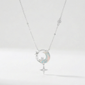 925 Sterling Silver Crescent Moon and Star Necklace Rhodium Plated Jewellery for Women
