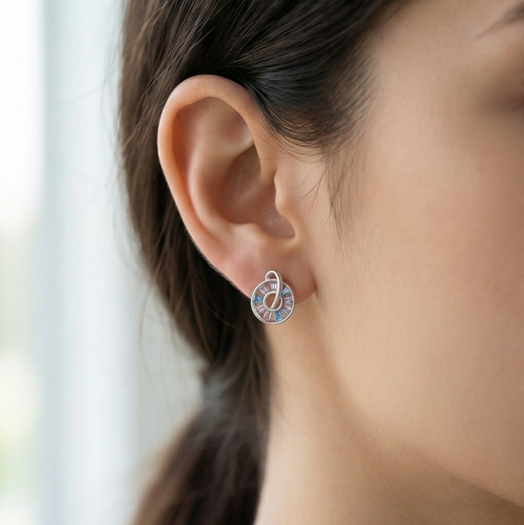 925 Sterling Silver Multi Color Geometric Stud Earrings Rhodium Finish Jewellery for Women