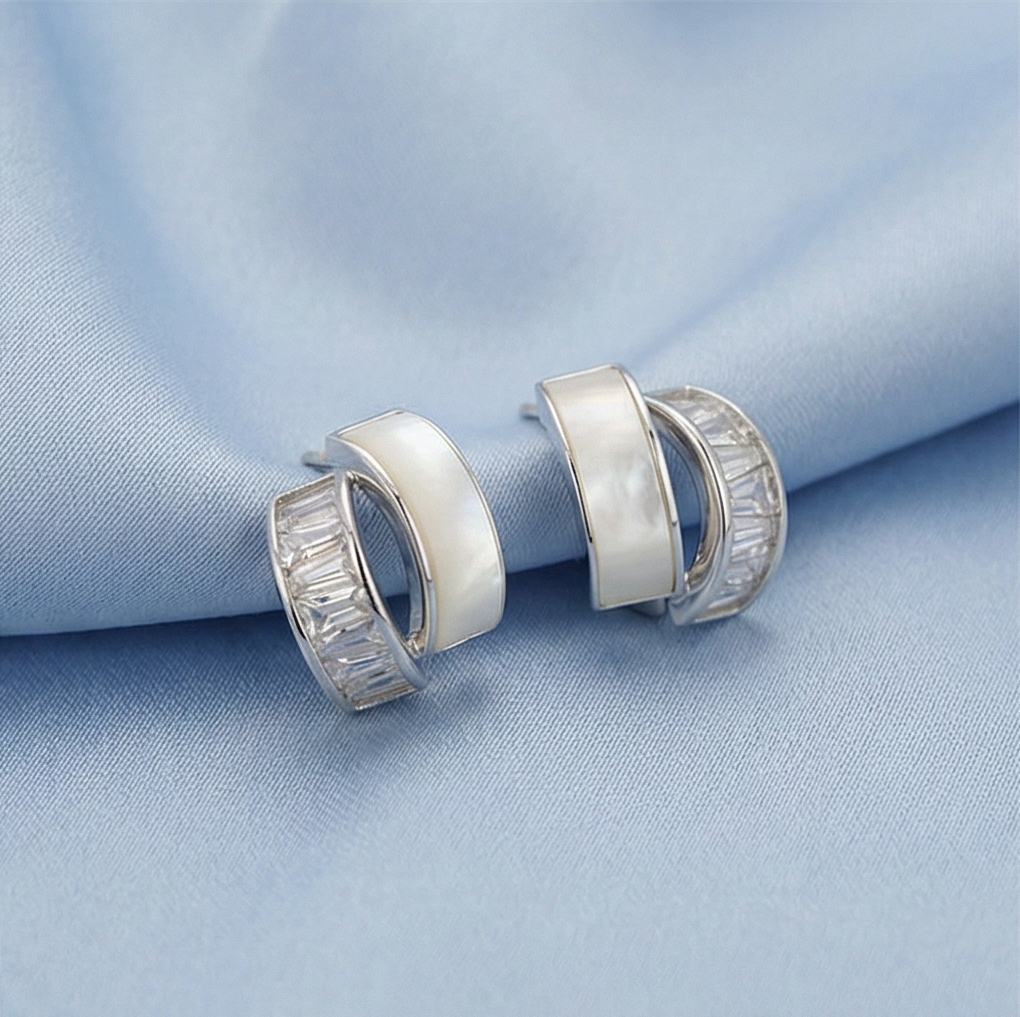 925 Sterling Silver Split Design Stud Earrings Mother of Pearl Inlay Rhodium Plated Jewellery
