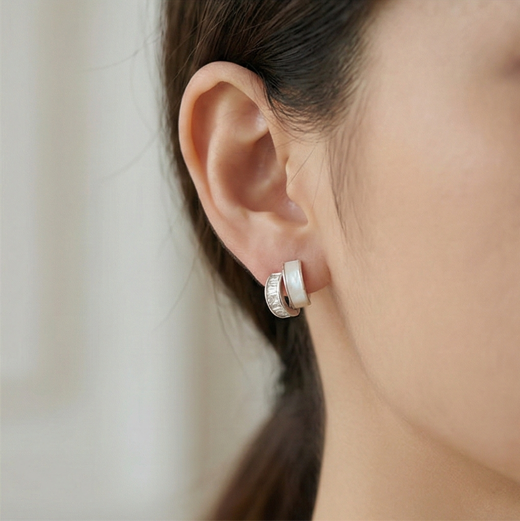 925 Sterling Silver Split Design Stud Earrings Mother of Pearl Inlay Rhodium Plated Jewellery