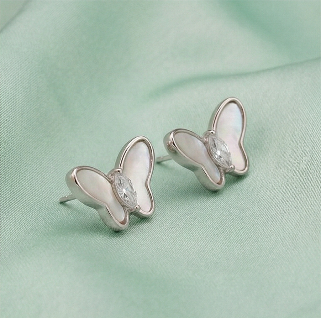 925 Sterling Silver Butterfly Stud Earrings Mother of Pearl Inlay Jewellery