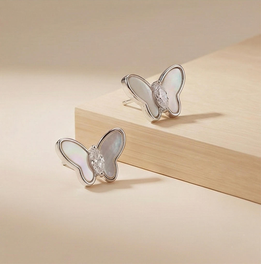 925 Sterling Silver Butterfly Stud Earrings Mother of Pearl Inlay Jewellery