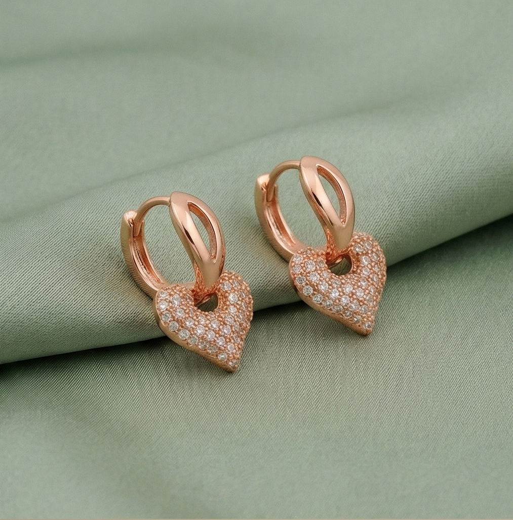 925 Sterling Silver Pave Heart Charm Huggie Earrings Rose Gold Plated Jewellery