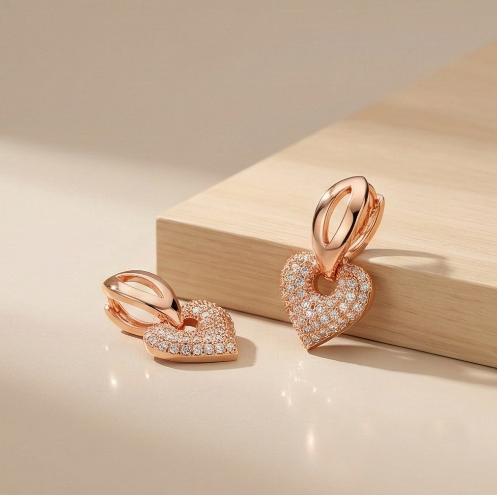 925 Sterling Silver Pave Heart Charm Huggie Earrings Rose Gold Plated Jewellery