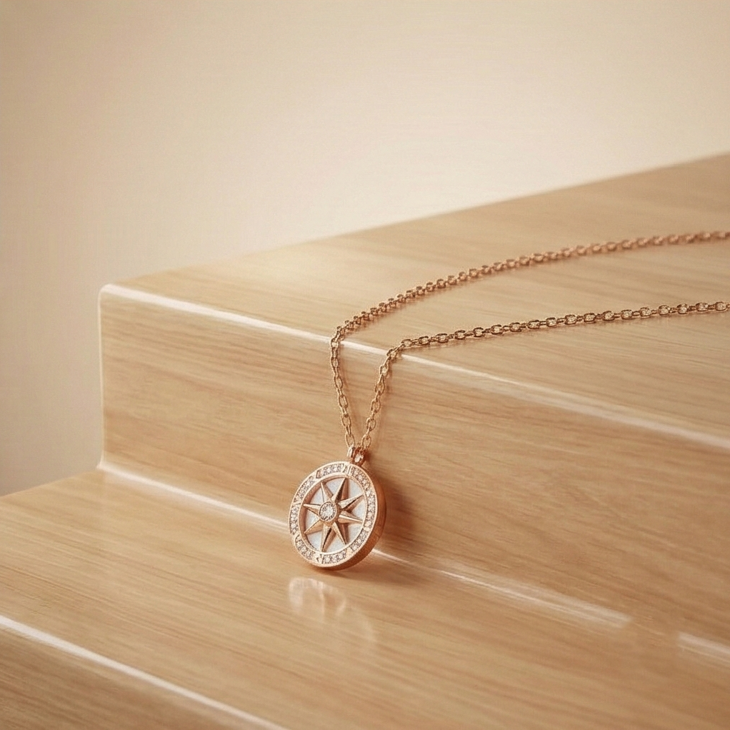 925 Sterling Silver Compass Pendant Necklace Rose Gold Plated Jewellery for Women