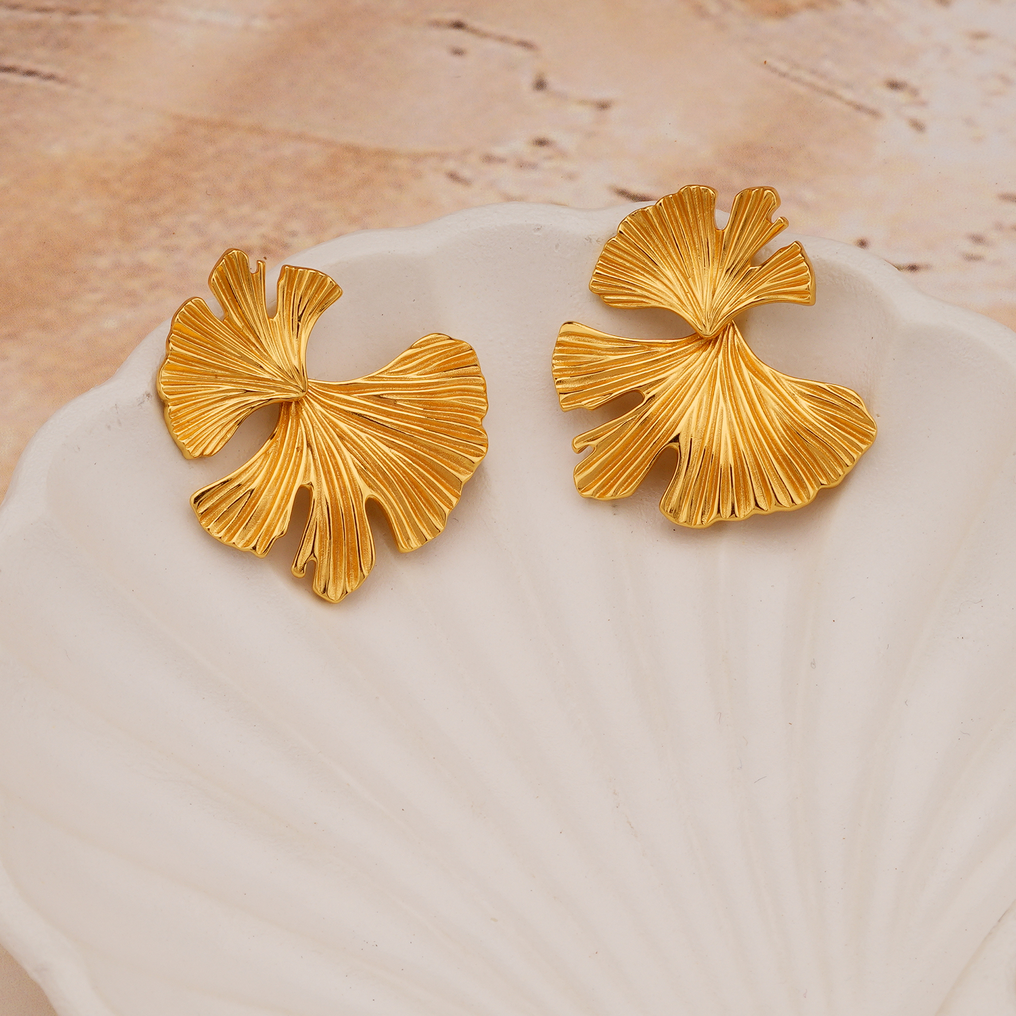 925 Sterling Silver Textured Ginkgo Leaf Stud Earrings Gold Plated Statement Jewellery
