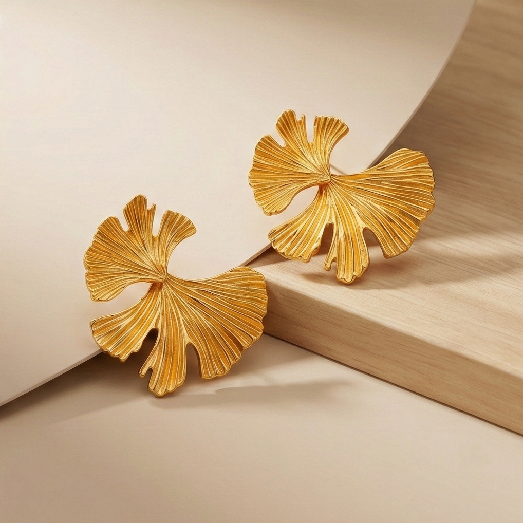 925 Sterling Silver Textured Ginkgo Leaf Stud Earrings Gold Plated Statement Jewellery