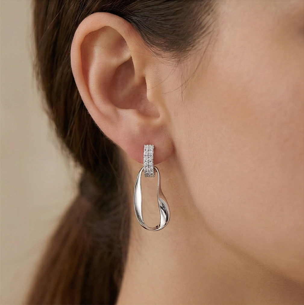 925 Sterling Silver Abstract Oval Drop Earrings High Polish Contemporary Jewellery