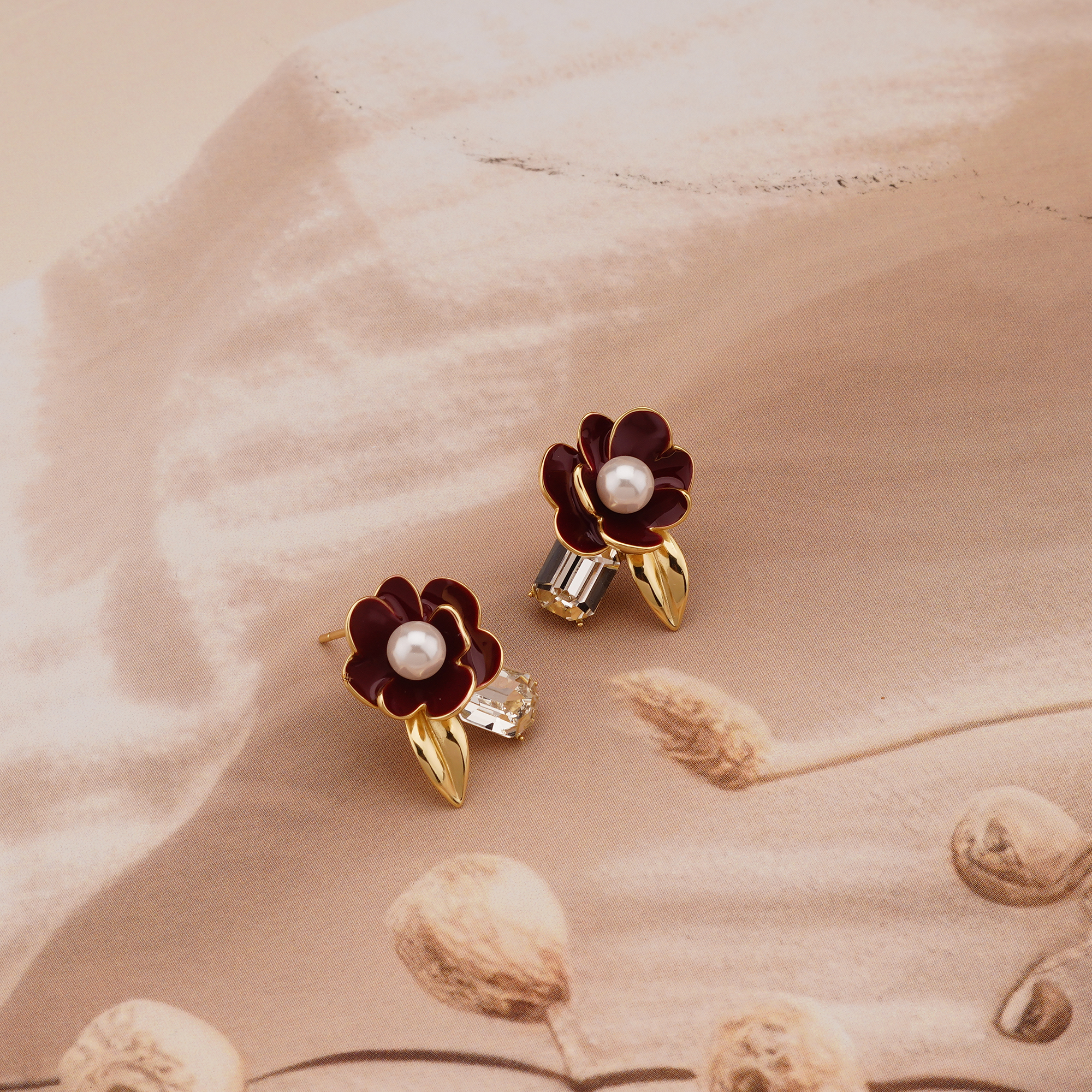 925 Sterling Silver Red Enamel Floral Stud Earrings with Pearl & Crystal Gold Plated Jewellery