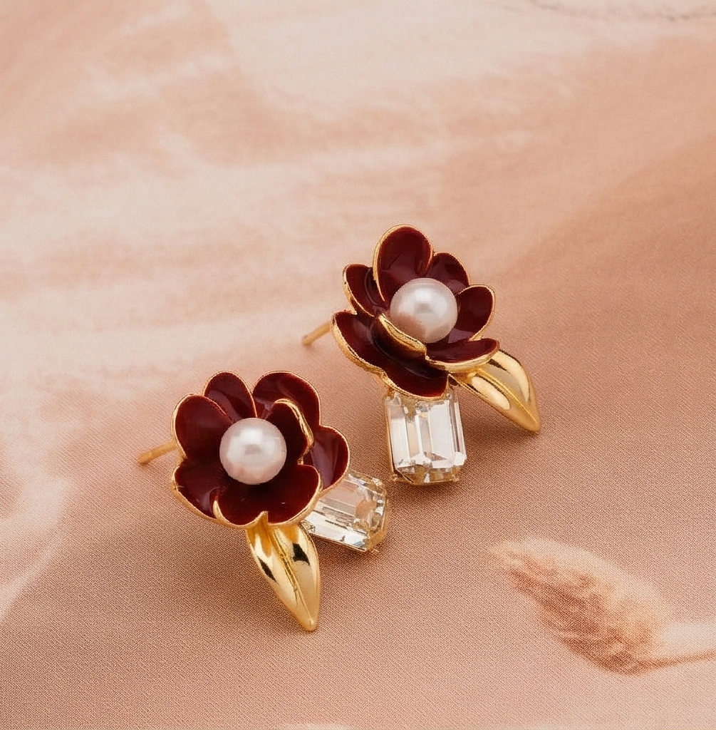 925 Sterling Silver Red Enamel Floral Stud Earrings with Pearl & Crystal Gold Plated Jewellery