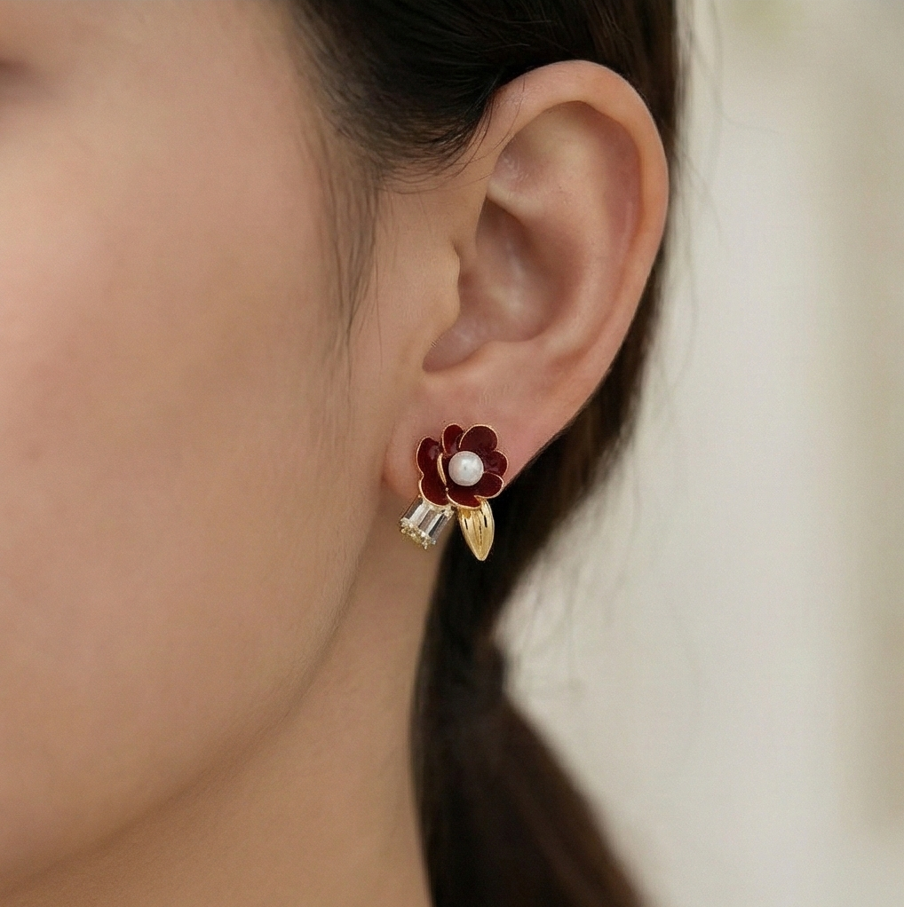 925 Sterling Silver Red Enamel Floral Stud Earrings with Pearl & Crystal Gold Plated Jewellery