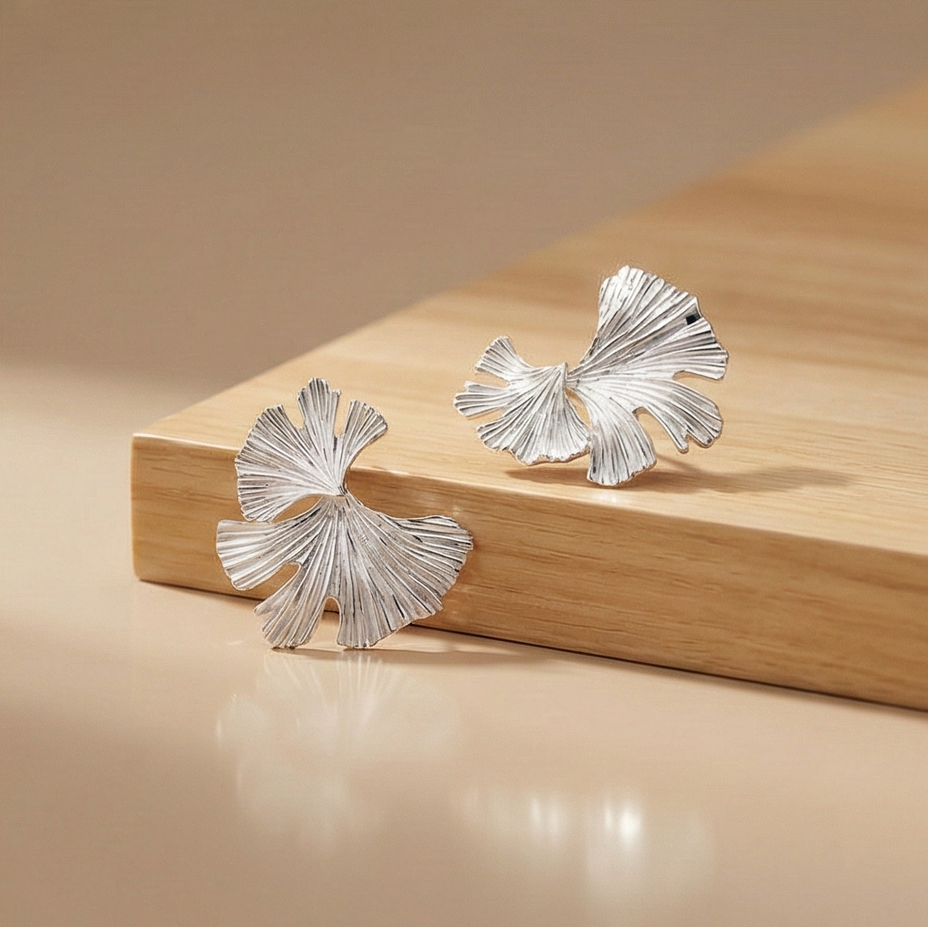 925 Sterling Silver Textured Fan Stud Earrings Platinum Finish Statement Jewellery