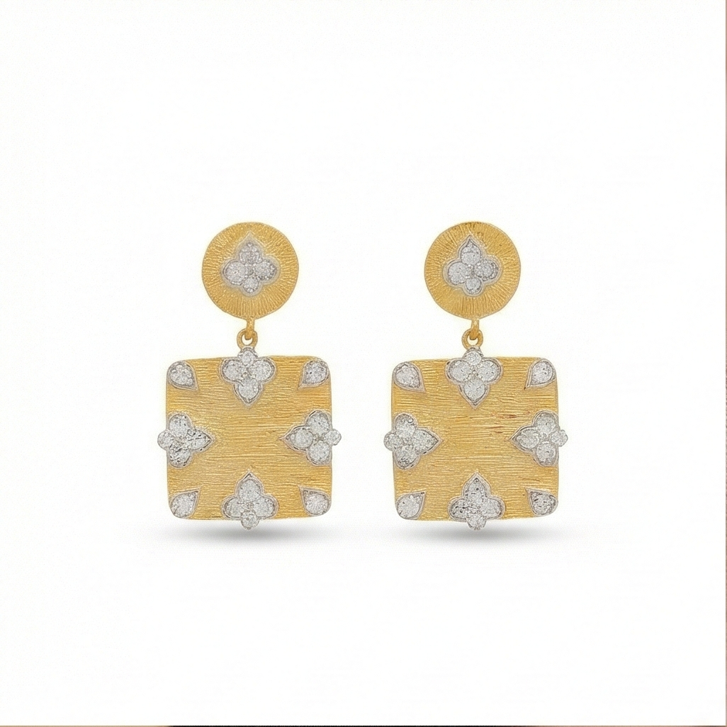 925 Sterling Silver Square Drop Earrings Gold Plated Floral Motif Jewellery