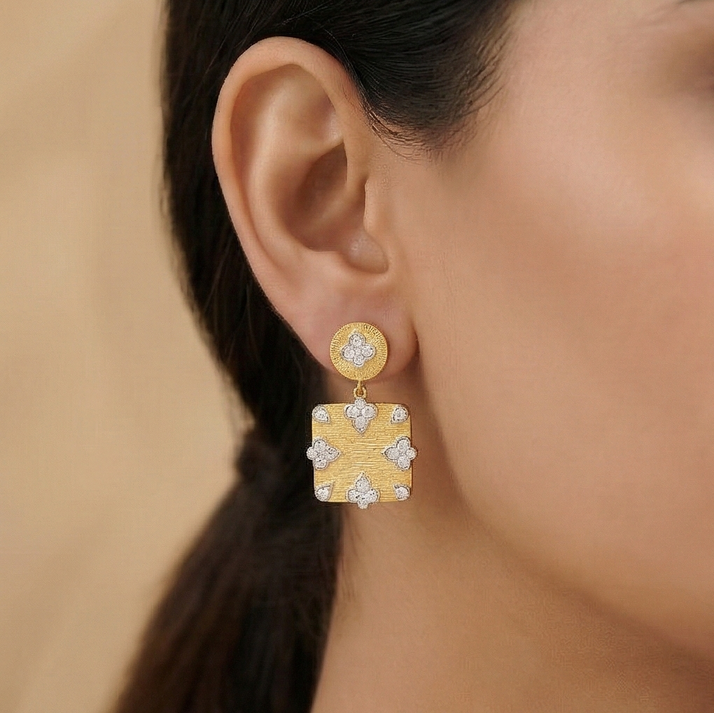 925 Sterling Silver Square Drop Earrings Gold Plated Floral Motif Jewellery