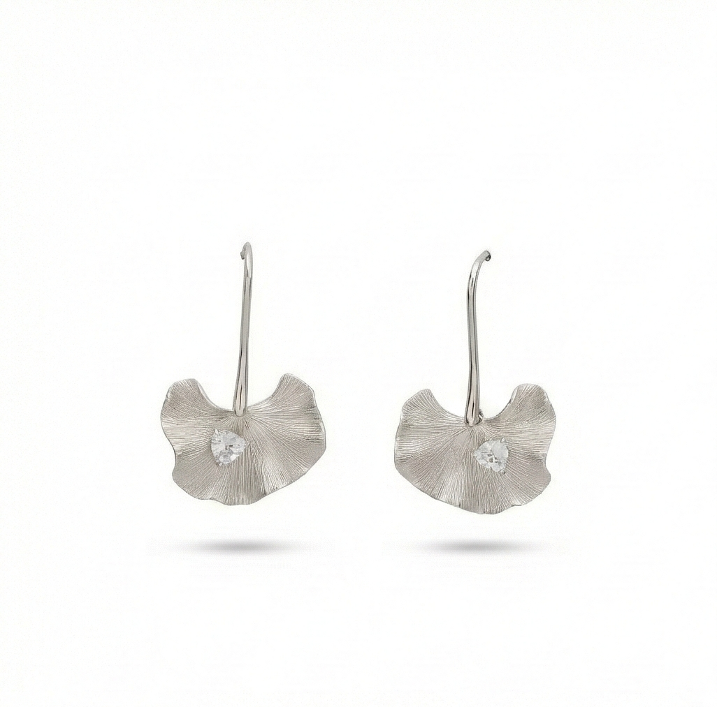 925 Sterling Silver Ginkgo Leaf Drop Earrings Textured Platinum Finish Jewellery