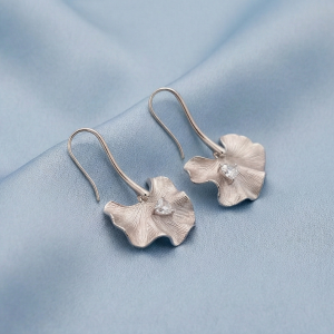 925 Sterling Silver Ginkgo Leaf Drop Earrings Textured Platinum Finish Jewellery