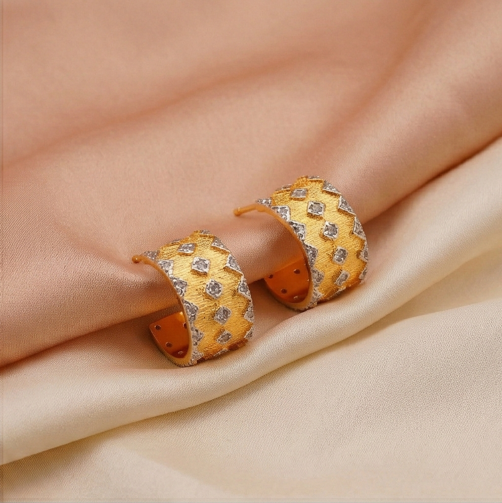 925 Sterling Silver Geometric Pattern Hoop Earrings Gold Plated Textured Jewellery