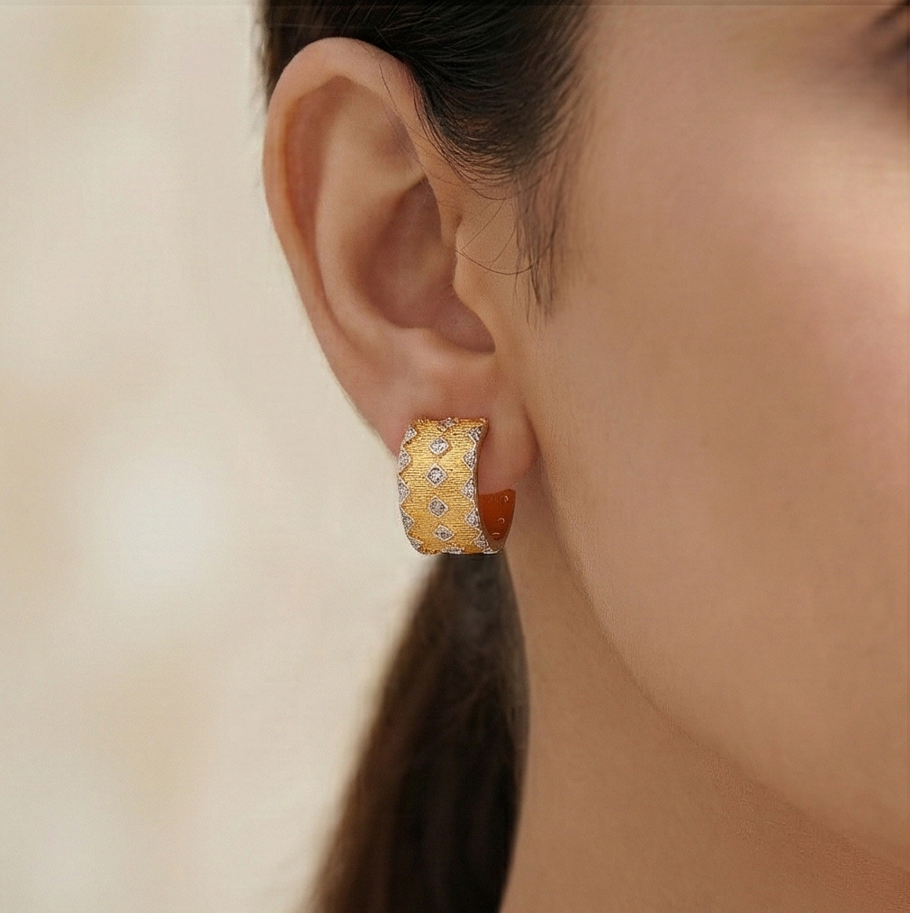 925 Sterling Silver Geometric Pattern Hoop Earrings Gold Plated Textured Jewellery