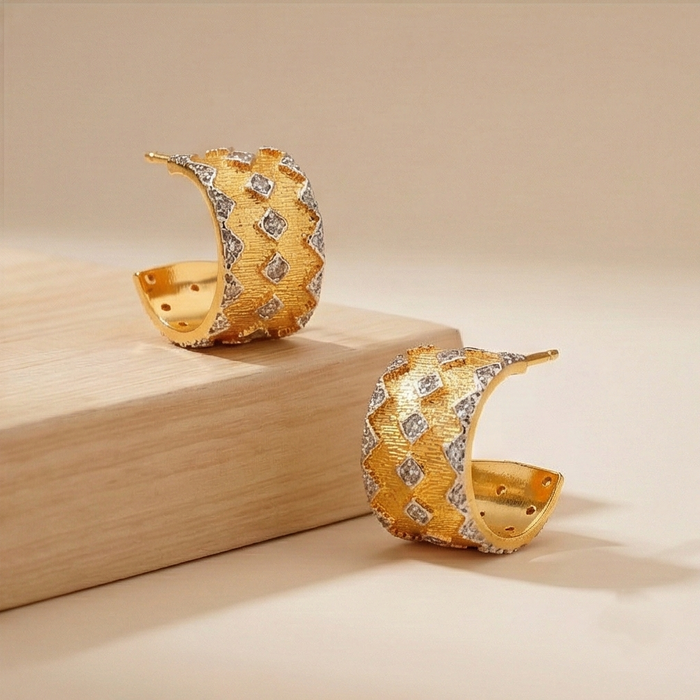 925 Sterling Silver Geometric Pattern Hoop Earrings Gold Plated Textured Jewellery
