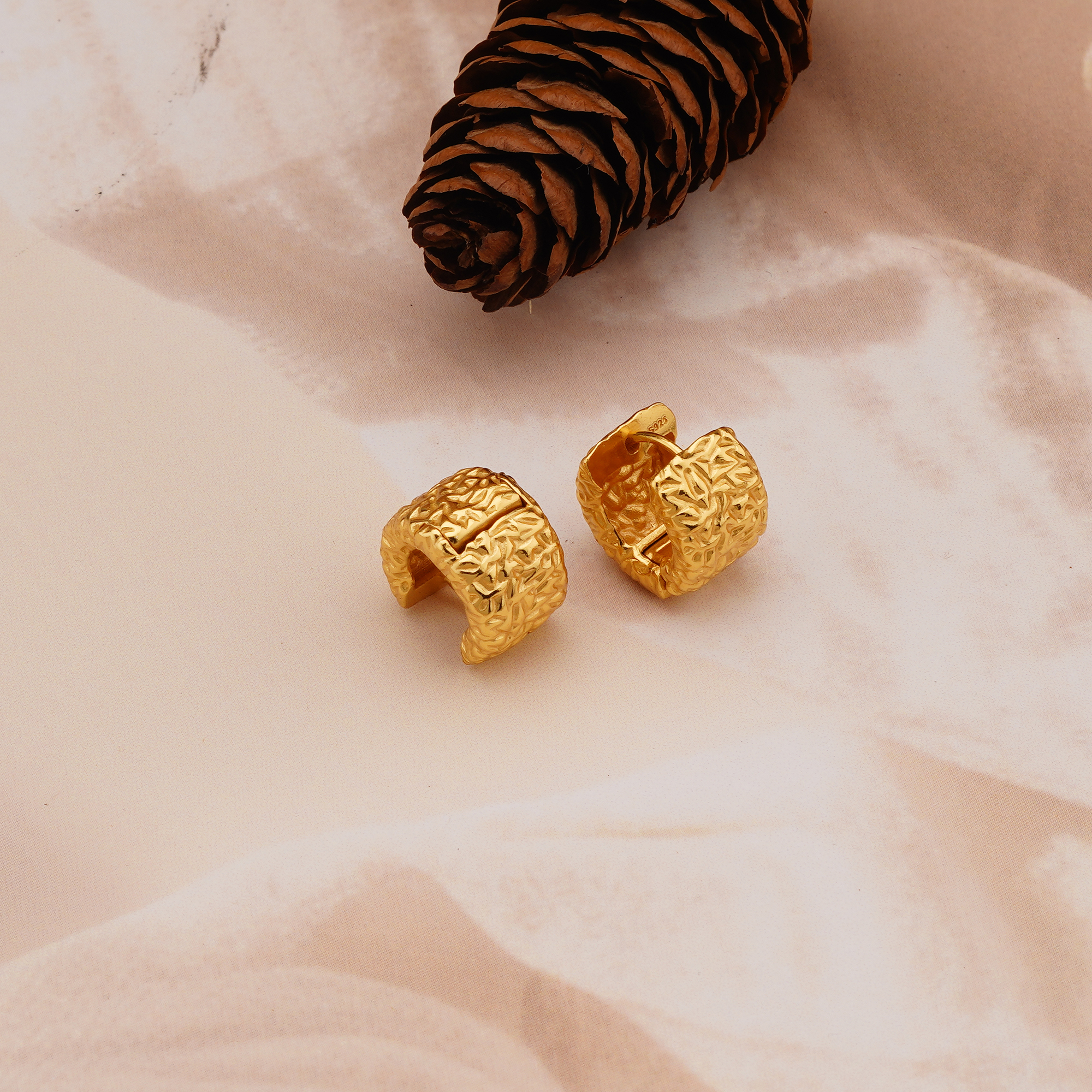 925 Sterling Silver Textured Huggie Hoop Earrings Gold Plated Contemporary Jewellery