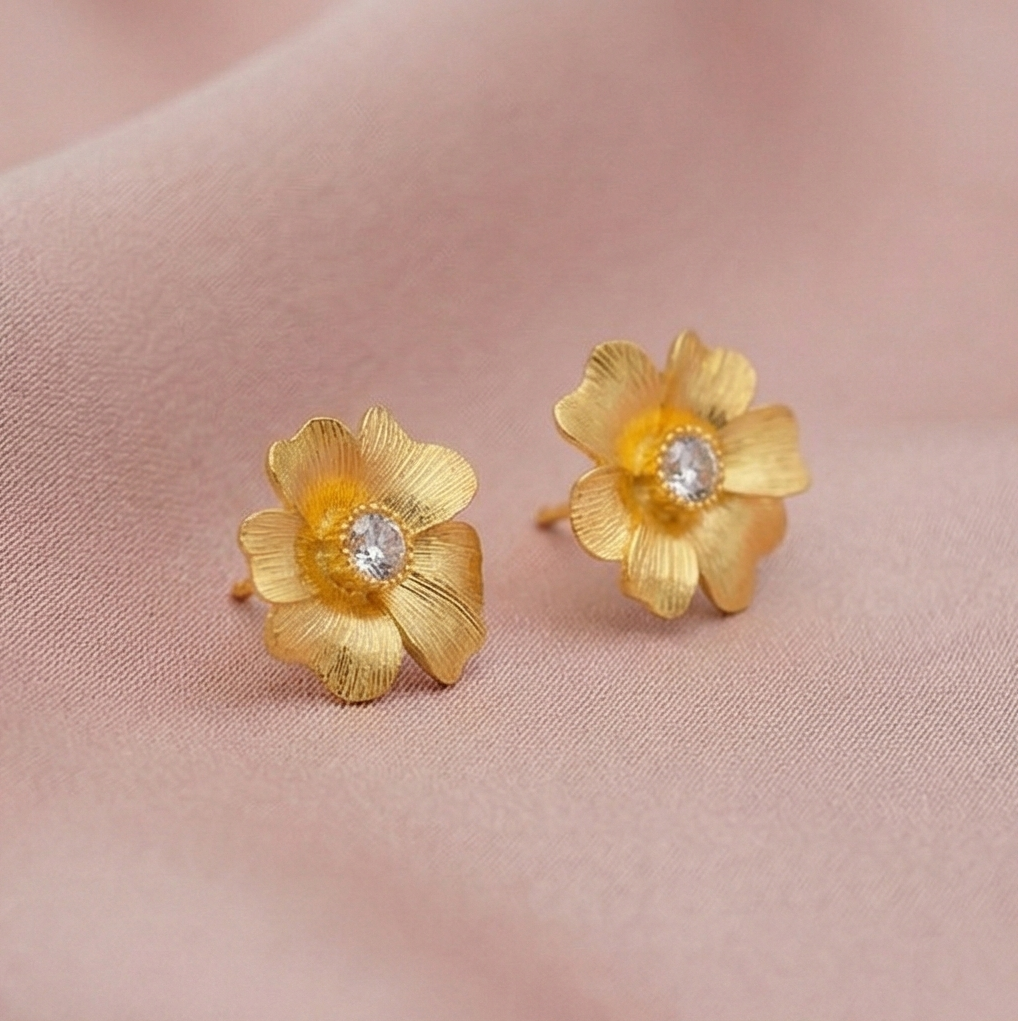 925 Sterling Silver Textured Floral Stud Earrings Gold Plated Flower Jewellery