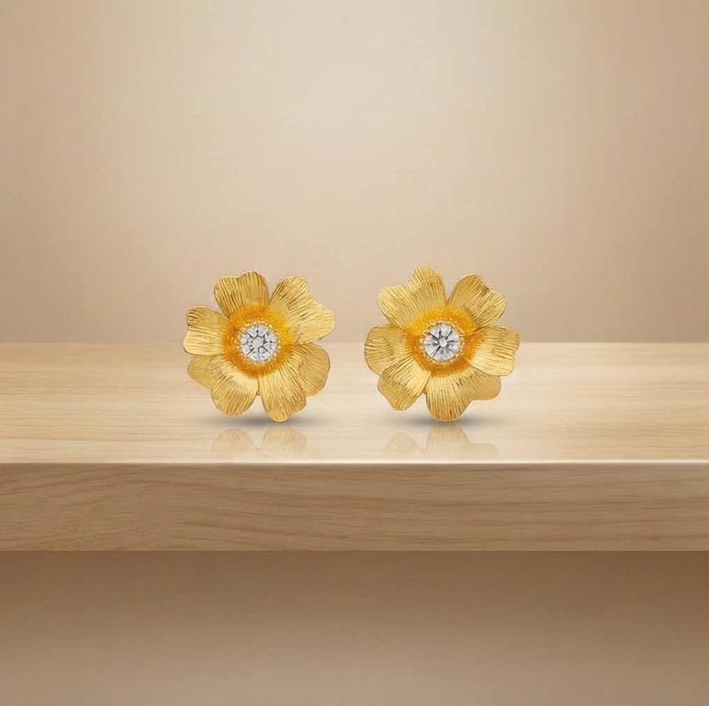 925 Sterling Silver Textured Floral Stud Earrings Gold Plated Flower Jewellery