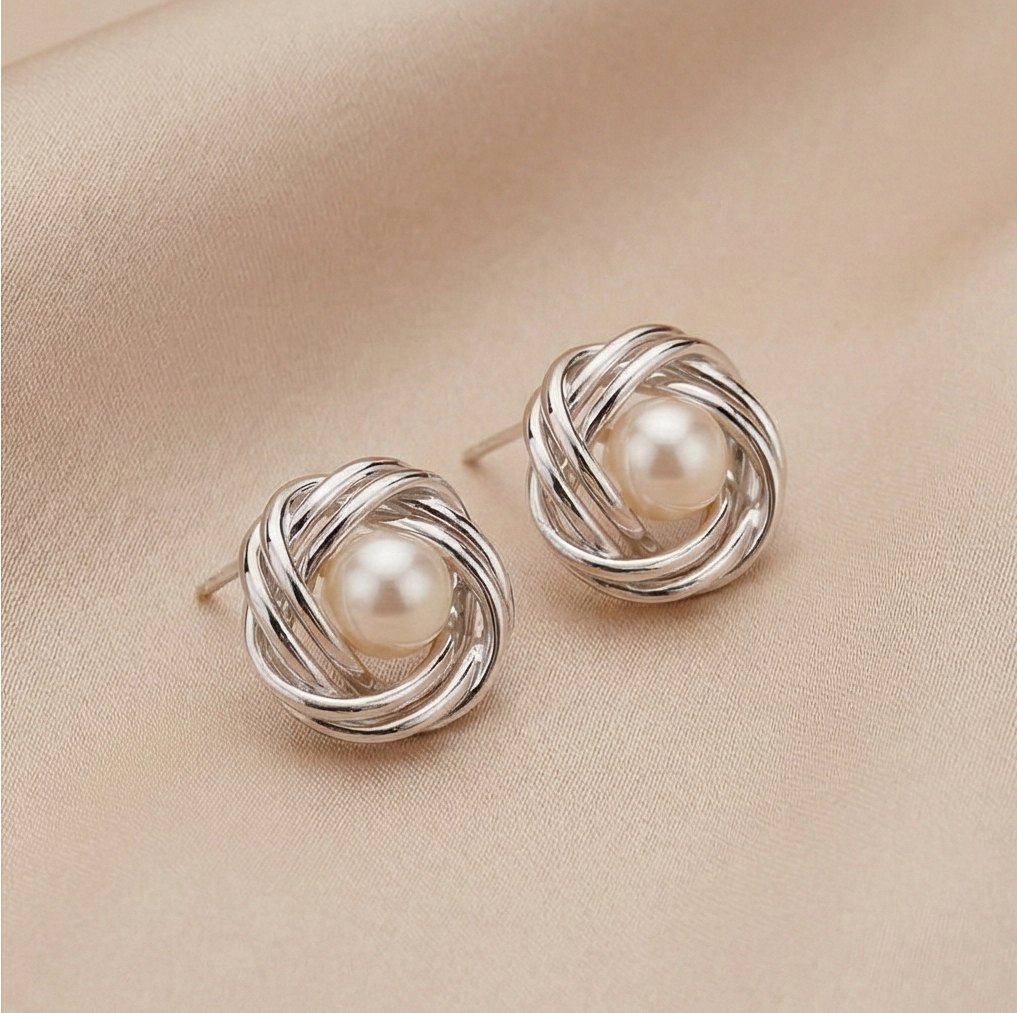 925 Sterling Silver Love Knot Pearl Stud Earrings High Polish Jewellery for Women