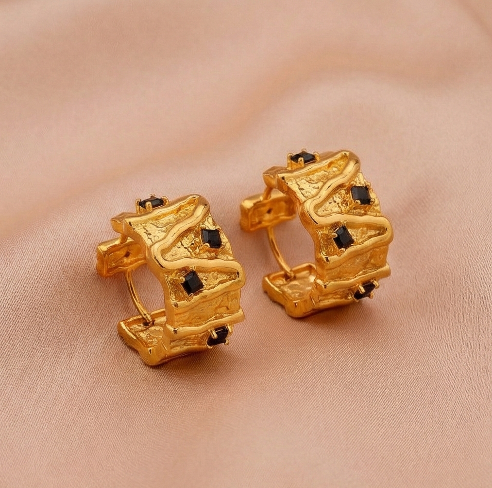 925 Sterling Silver Organic Texture Huggie Earrings Gold Plated with Black Accents Jewellery