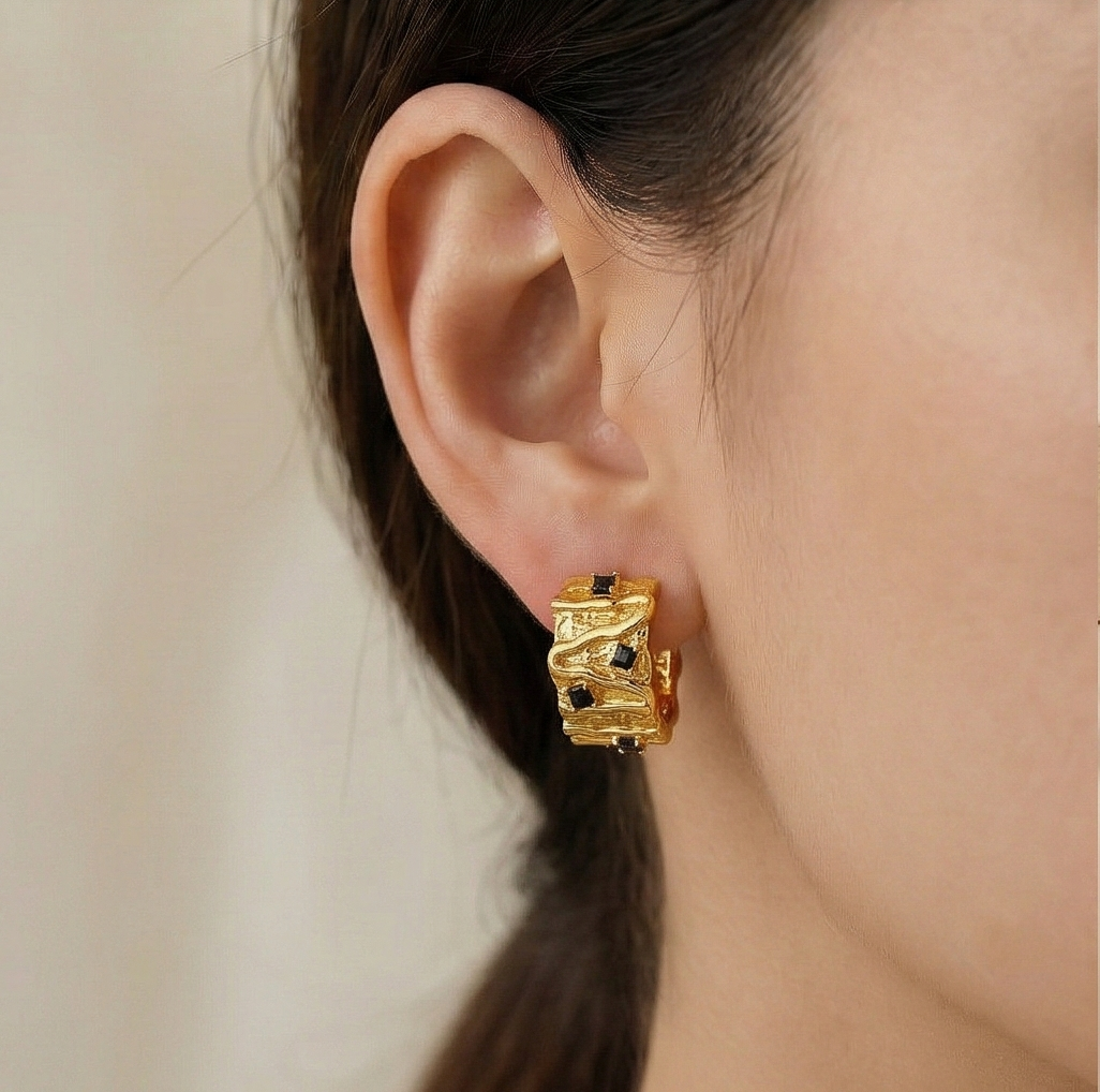925 Sterling Silver Organic Texture Huggie Earrings Gold Plated with Black Accents Jewellery