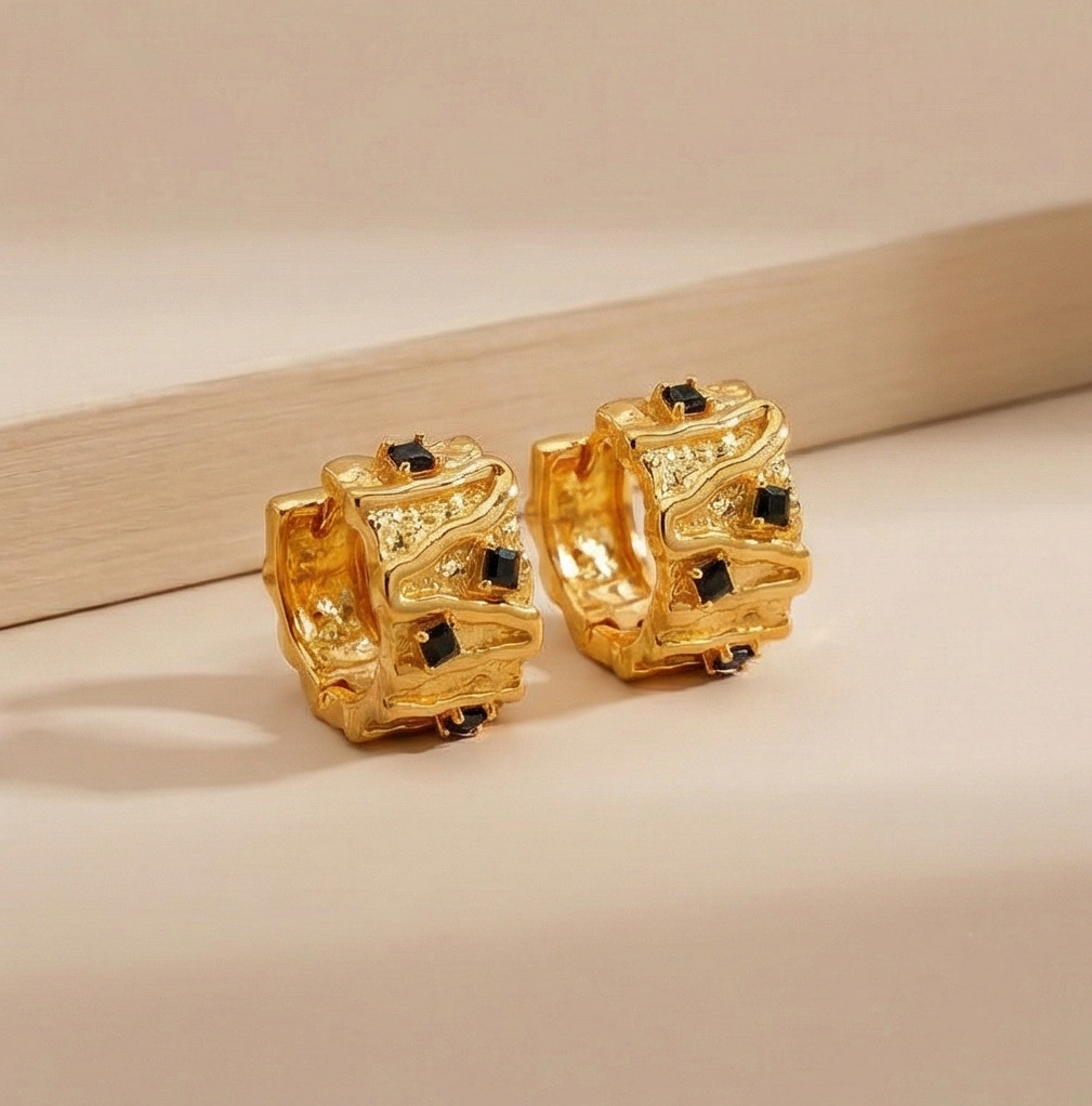 925 Sterling Silver Organic Texture Huggie Earrings Gold Plated with Black Accents Jewellery