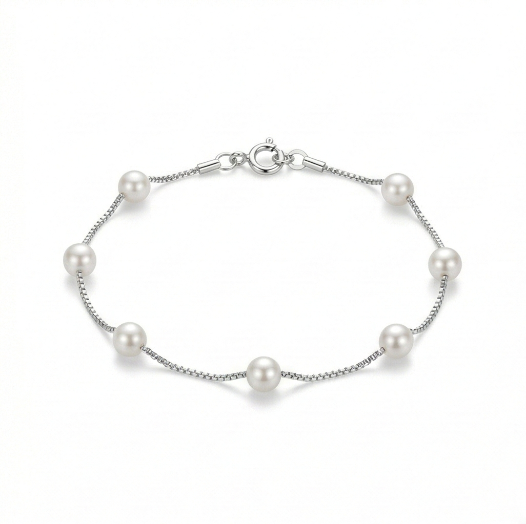 LUXE 925 Sterling Silver Delicate Pearl Box Chain Bracelet Jewellery for Women