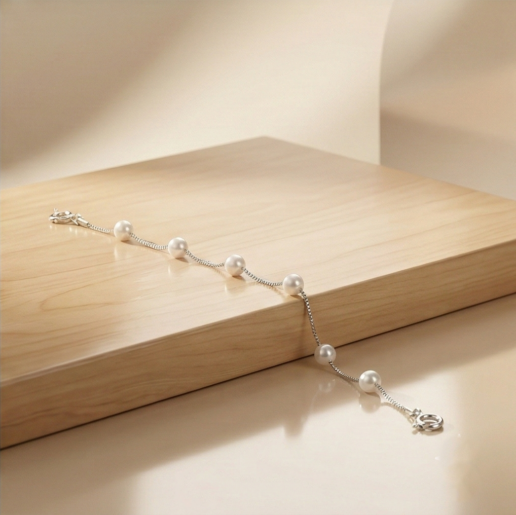 LUXE 925 Sterling Silver Delicate Pearl Box Chain Bracelet Jewellery for Women
