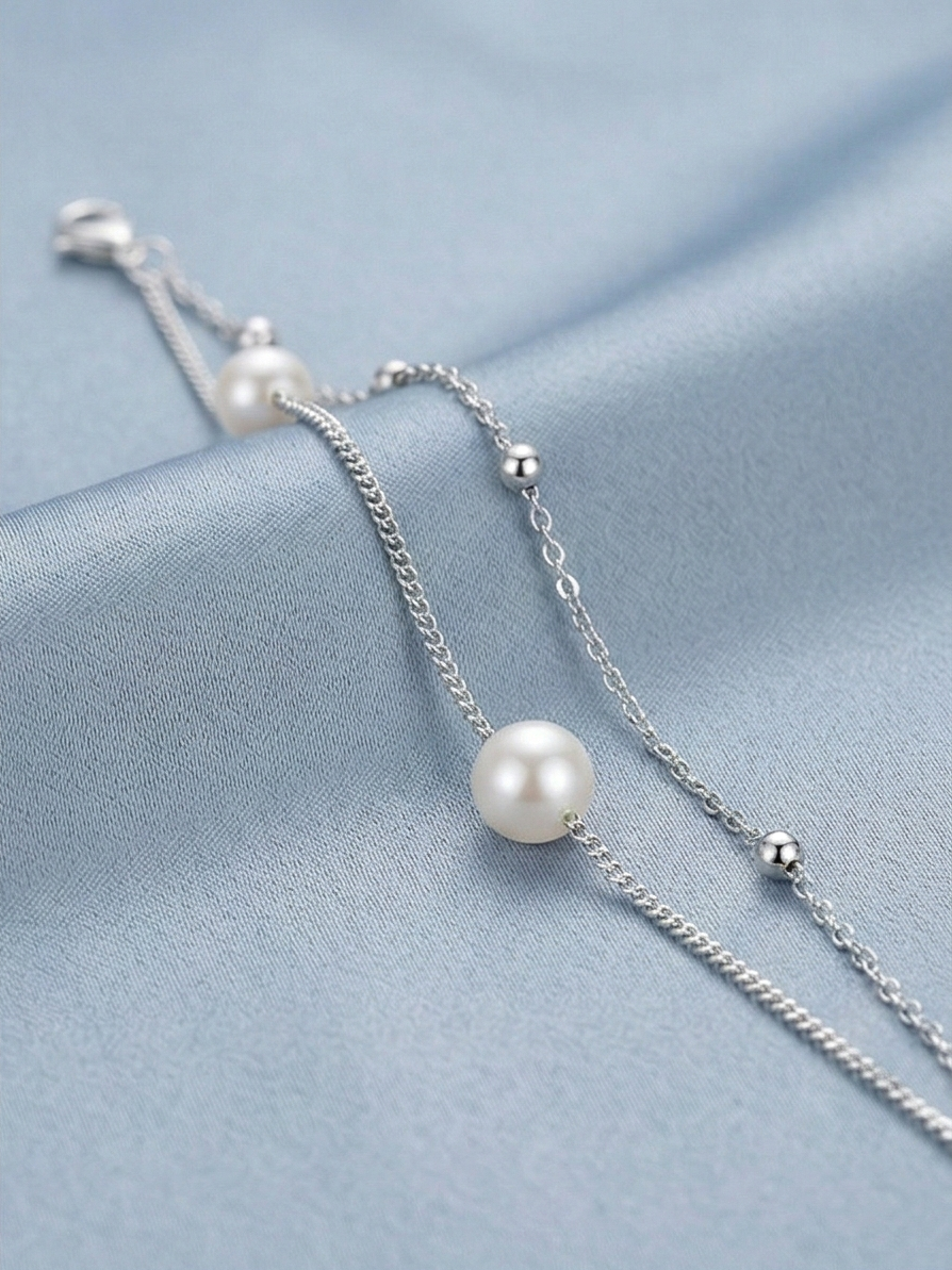 LUXE 925 Sterling Silver Double Layer Pearl and Bead Chain Bracelet Jewellery for Women