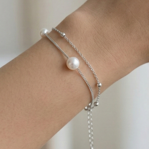 LUXE 925 Sterling Silver Double Layer Pearl and Bead Chain Bracelet Jewellery for Women