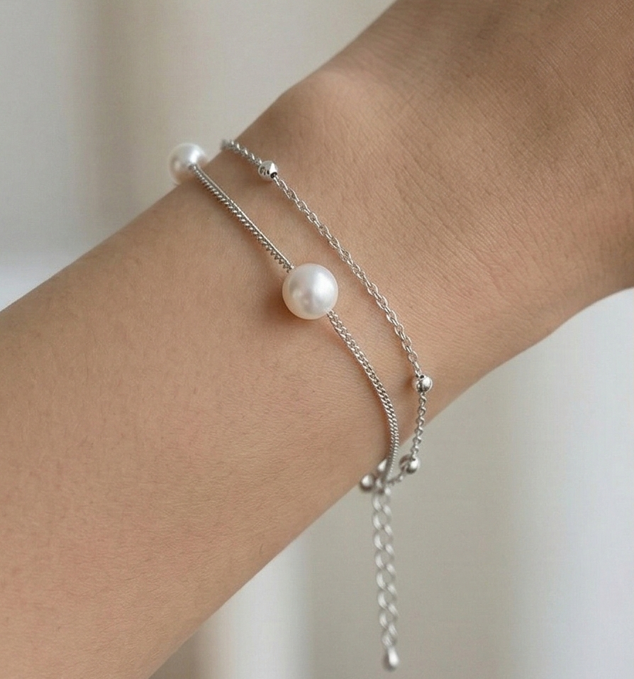 LUXE 925 Sterling Silver Double Layer Pearl and Bead Chain Bracelet Jewellery for Women