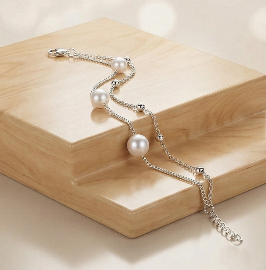 LUXE 925 Sterling Silver Double Layer Pearl and Bead Chain Bracelet Jewellery for Women