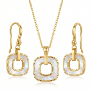 LUXE 925 Sterling Silver Yellow Gold Plated Geometric Open Square MOP Inlay Pendant and Drop Earrings Jewellery Set