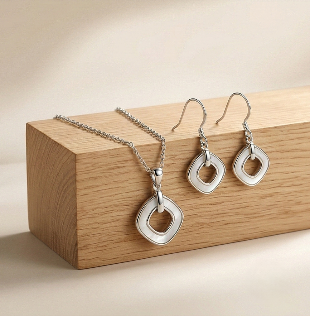 LUXE 925 Sterling Silver Geometric Open Square Pearl Inlay Pendant and Drop Earrings Jewellery Set for Women