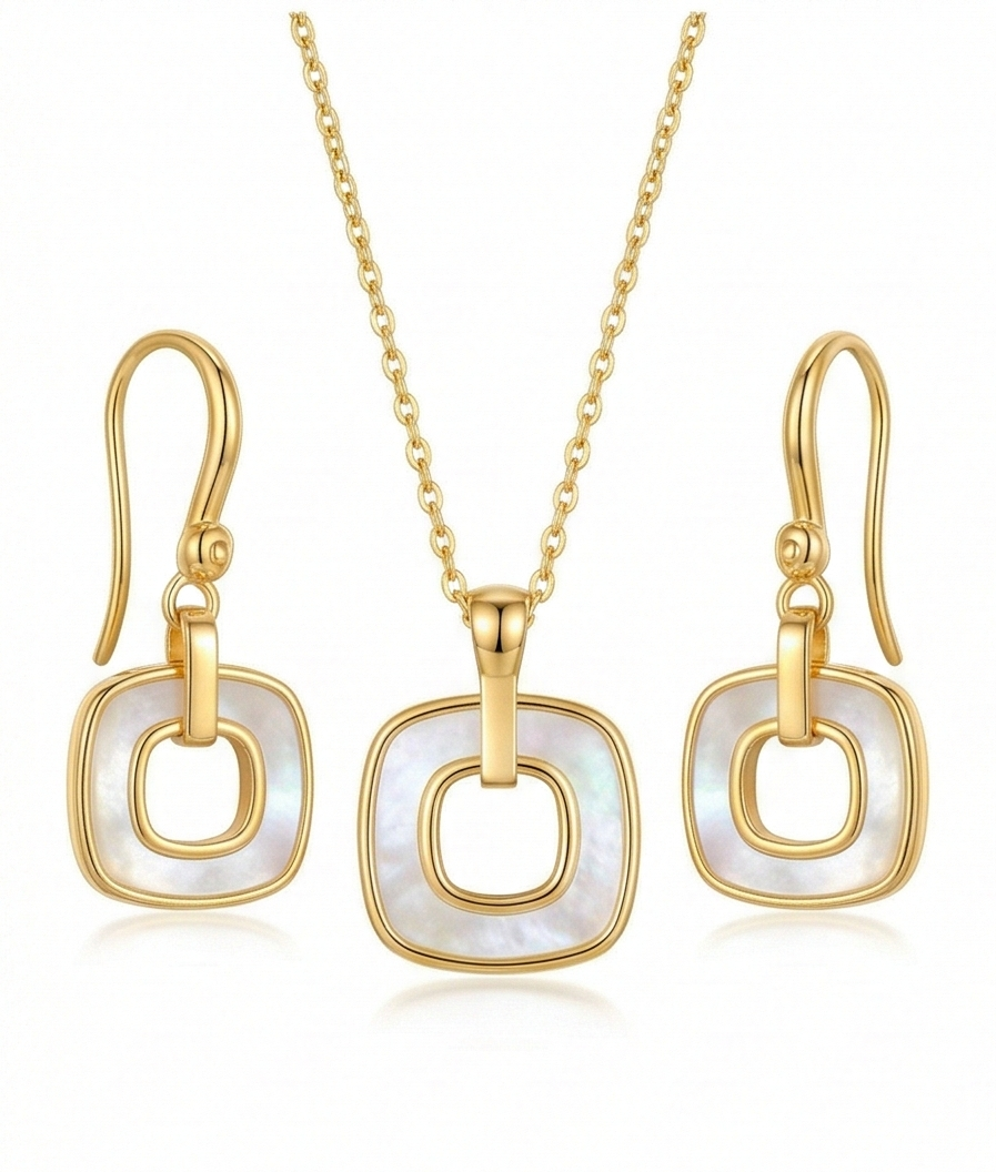 LUXE 925 Sterling Silver Yellow Gold Plated Geometric Open Square MOP Inlay Pendant and Drop Earrings Jewellery Set